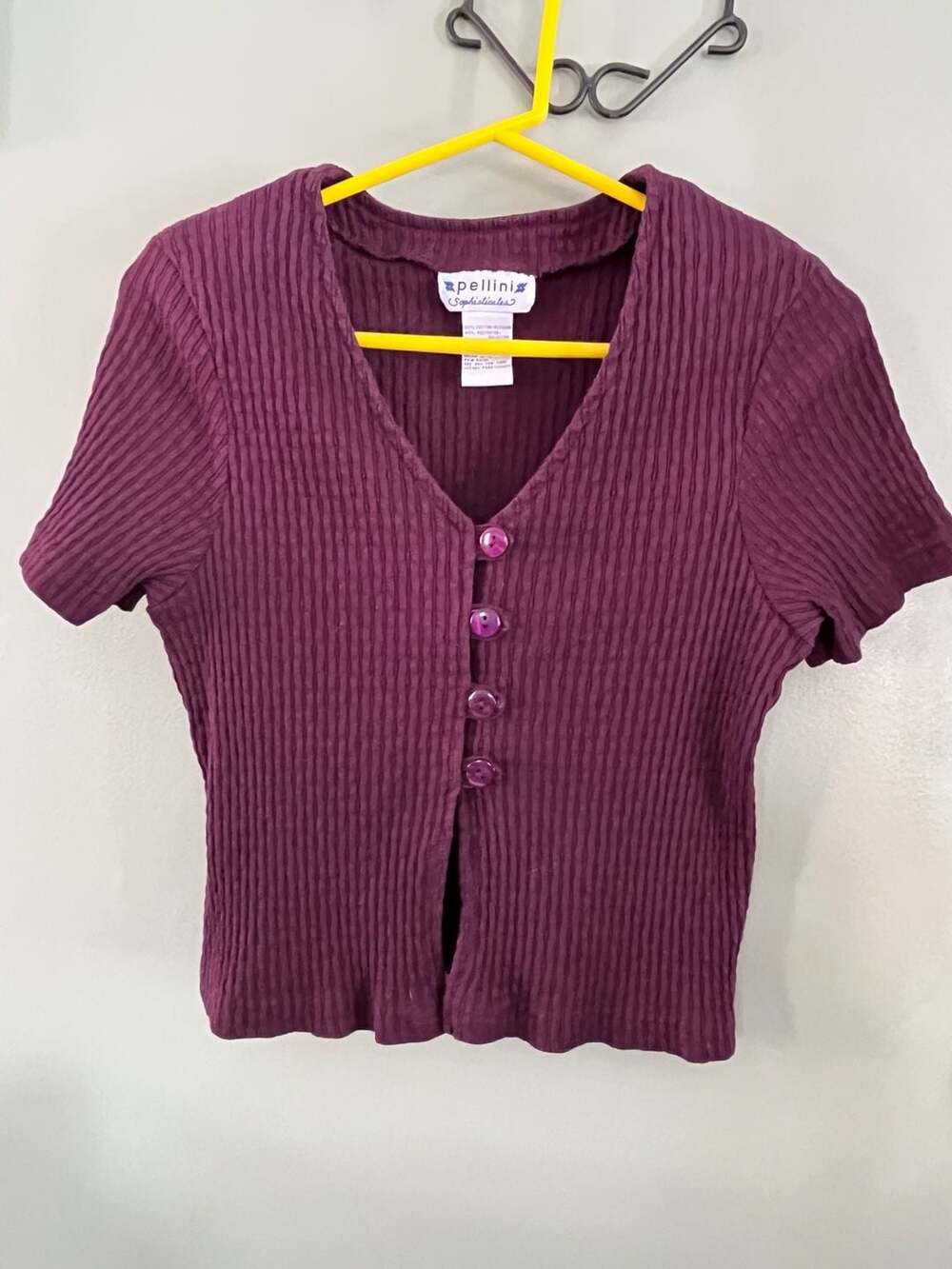 Vintage Pellini Sophisticates Purple Ribbed Short Sleeve Cardigan Top